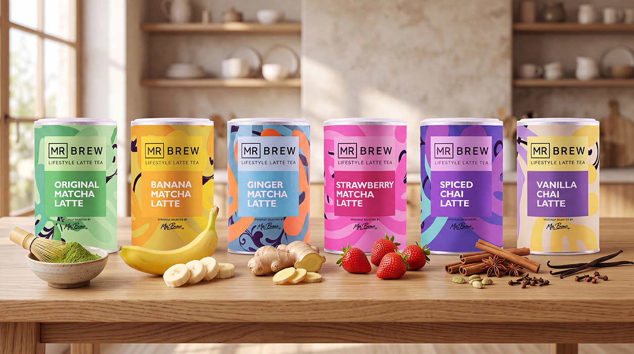 Zes MR BREW matcha- en chai-latteblikken in een met AI gemaakte keukensetting