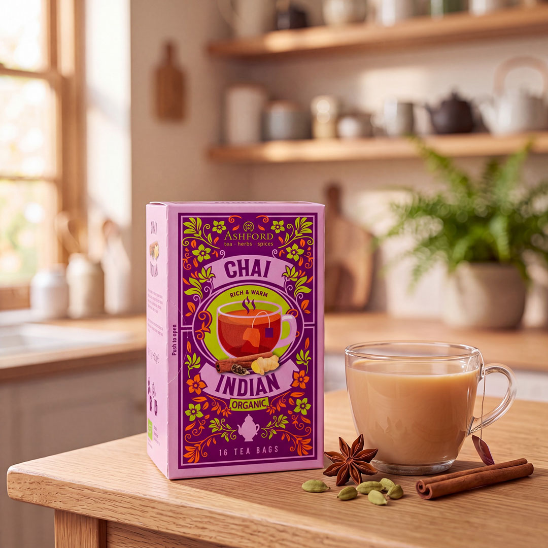 Ashford Chai Indian-thee naast een kop thee in een met AI gemaakte keuken