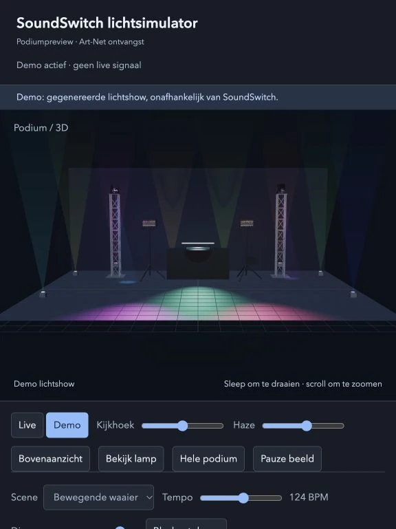SoundSwitch-simulator met 3D-lichtshow en bediening op de Mac