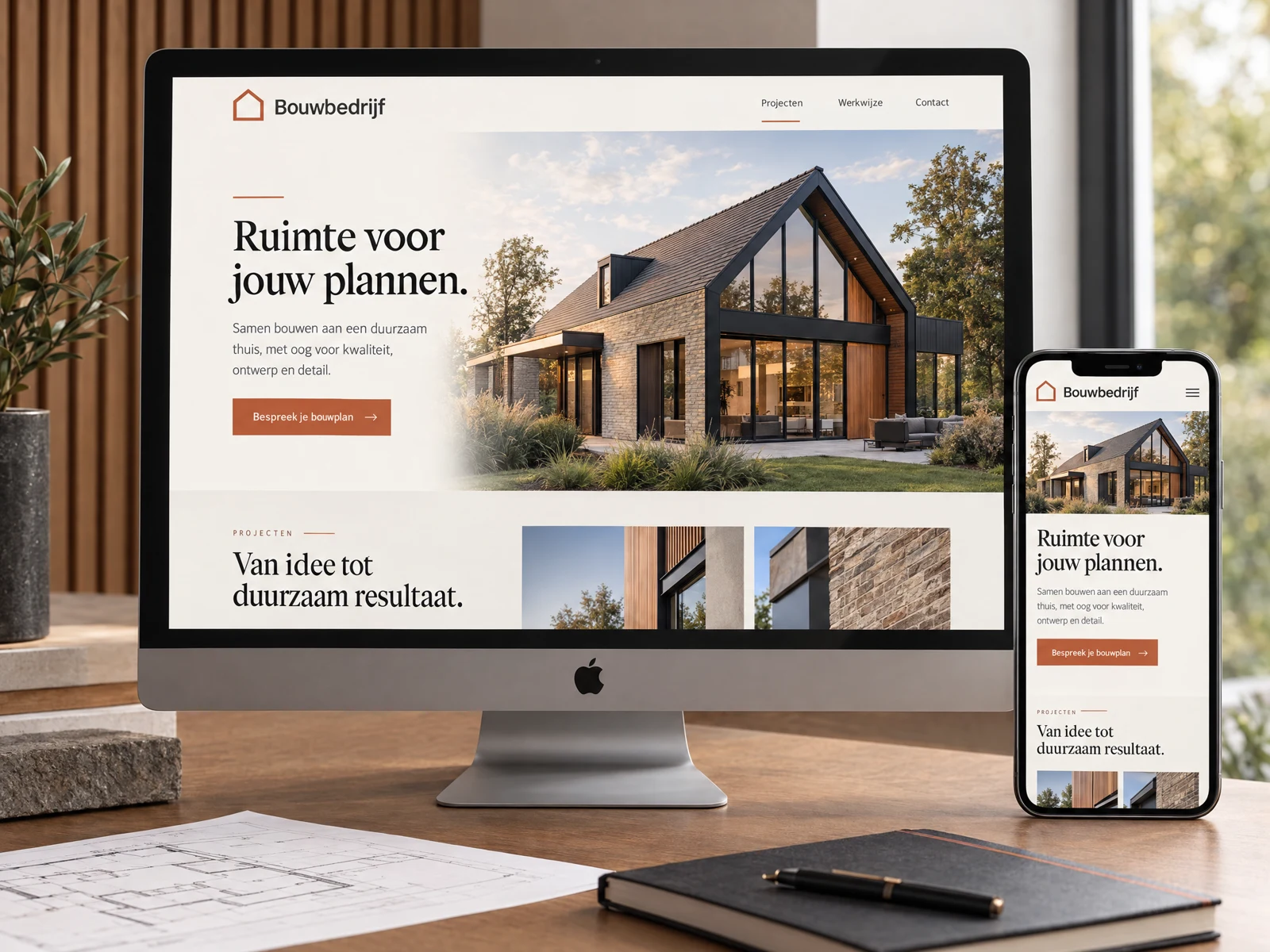 Webdesignconcept voor een bouwbedrijf; een voorbeeld van wat Kaige kan ontwerpen.