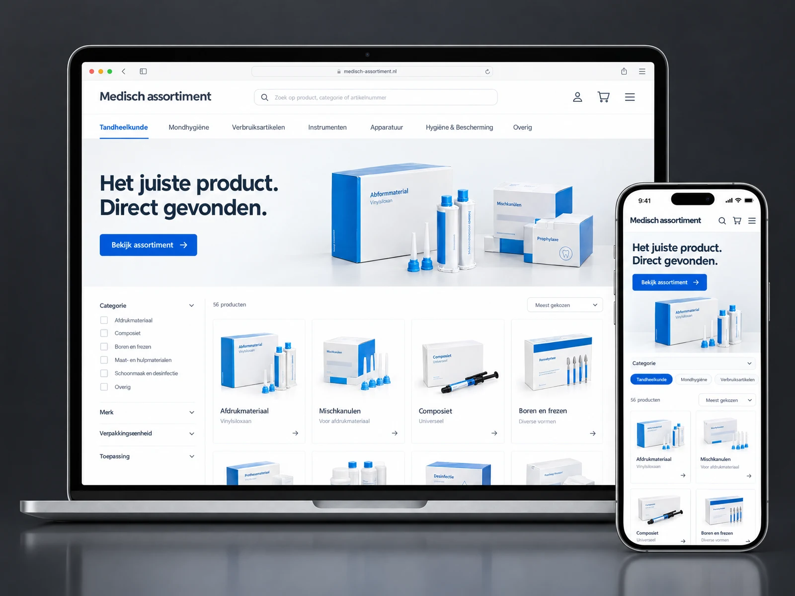 Webdesignconcept voor een medische B2B-webshop met filters en productoverzicht