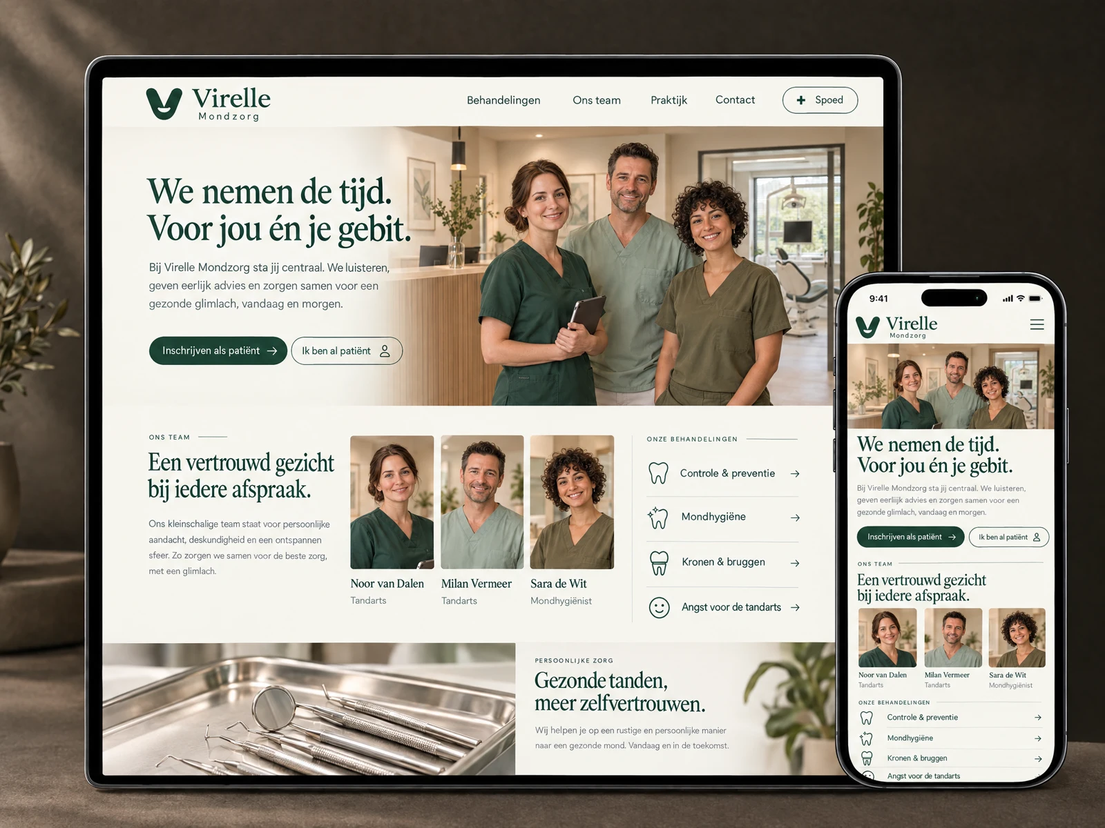 Fictief webdesignconcept Mondzorg Virelle met eigen logo en verzonnen tandartsteam