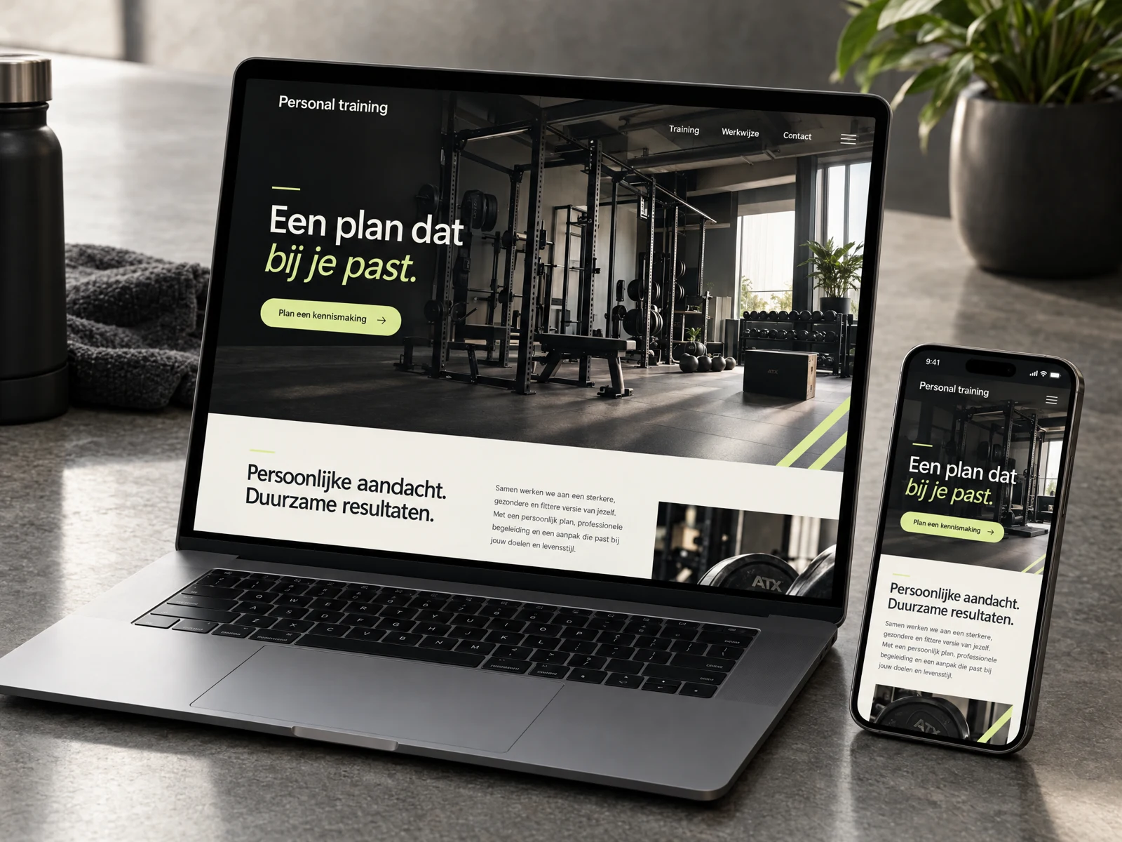 Webdesignconcept voor personal training op desktop en mobiel; geen opgeleverde klantwebsite.